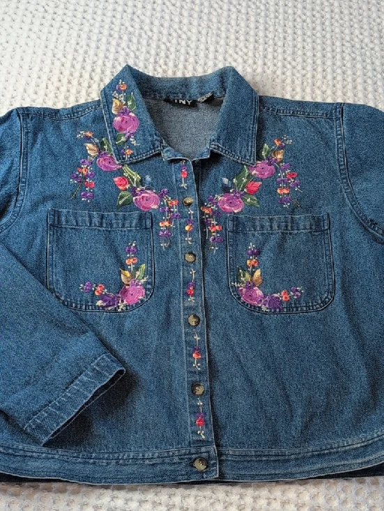Painted Floral Blue Denim Jacket by Ptny - Picture 10 of 10